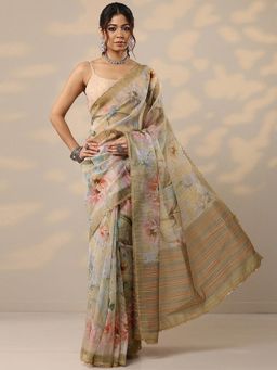 Libas - Yellow Floral Pint Nylon Saree with Unstitched Blouse