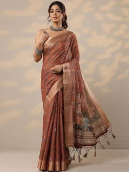 Libas - Rust Cotton Blend Saree with Unstitched Blouse