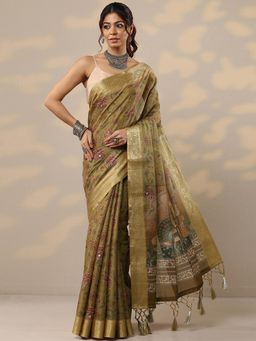Libas - Green Cotton Blend Saree with Unstitched Blouse