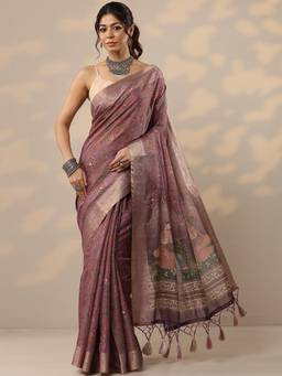 Libas - Mauve Cotton Blend Saree with Unstitched Blouse