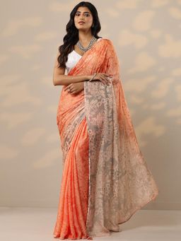 Libas - Orange Chinon Saree with Unstitched Blouse