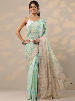 Libas - Blue Chinon Saree with Unstitched Blouse