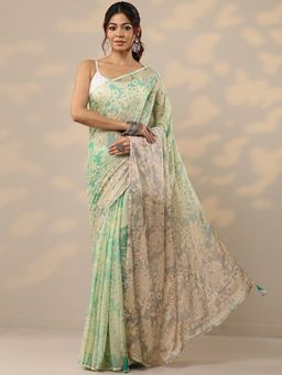 Libas - Green Chinon Saree with Unstitched Blouse