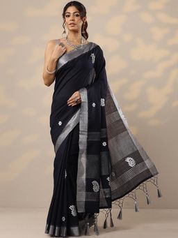 Libas - Embroidered Navy Blue Cotton Blend Saree with Unstitched Blouse