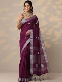 Libas - Embroidered Wine Cotton Blend Saree with Unstitched Blouse
