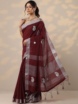 Libas - Embroidered Maroon Cotton Blend Saree with Unstitched Blouse