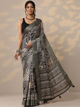 Libas - Grey Printed Silk Blend Saree with Unstitched Blouse