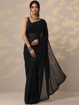 Libas - Embroidered Black Georgette Saree with Unstitched Blouse