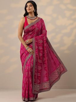 Libas - Pink Bandhani Silk Blend Saree with Unstitched Blouse