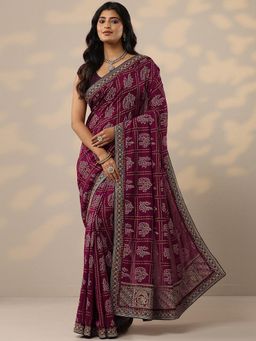 Libas - Maroon Bandhani Silk Blend Saree with Unstitched Blouse