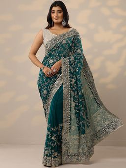 Libas - Green Embellished Georgette Saree with Unstitched Blouse