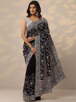 Libas - Purple Embellished Georgette Saree with Unstitched Blouse