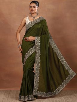 Libas - Embellished Green Silk Blend Saree with Unstitched Blouse
