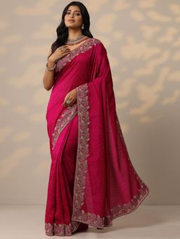 Libas - Embellished Pink Silk Blend Saree with Unstitched Blouse