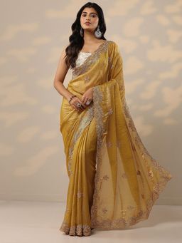 Libas - Embellished Mustard Organza Saree with Unstitched Blouse