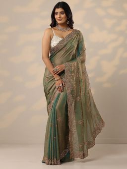 Libas - Embellished Green Organza Saree with Unstitched Blouse