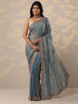 Libas - Embellished Blue Organza Saree with Unstitched Blouse