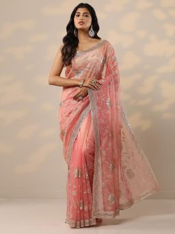 Libas - Embroidered Nylon Coral Saree with Unstitched Blouse