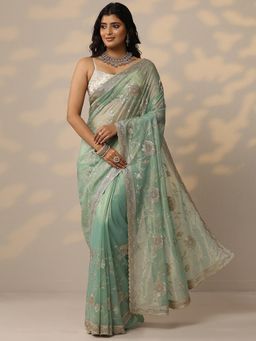 Libas - Embroidered Nylon Sea Green Saree with Unstitched Blouse
