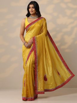 Libas - Embellished Yellow Organza Saree with Unstitched Blouse