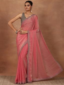 Libas - Embellished Coral Chiffon Saree with Unstitched Blouse