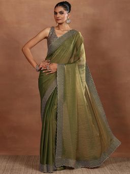 Libas - Embellished Green Organza Saree with Unstitched Blouse