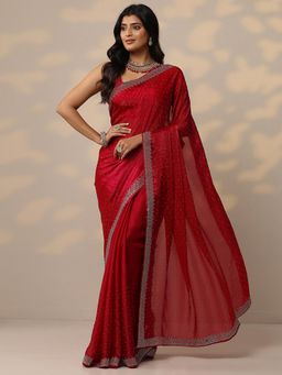 Libas - Embellished Dark Red Organza Saree with Unstitched Blouse