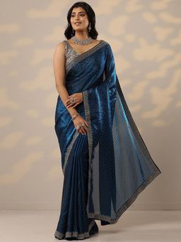 Libas - Embellished Teal Organza Saree with Unstitched Blouse