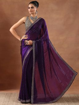 Libas - Embellished Wine Organza Saree with Unstitched Blouse
