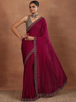 Libas - Embellished Chinon Pink Saree with Unstitched Blouse