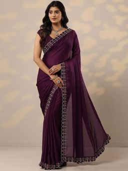 Libas - Embellished Chinon Wine Saree with Unstitched Blouse
