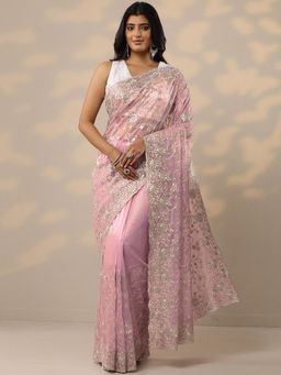 Libas - Embroidered Pink Nylon Saree with Unstitched Blouse