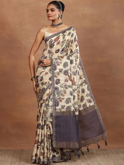Libas - Biege Printed Silk Blend Saree with Unstitched Blouse