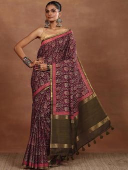 Libas - Burgundy Silk Blend Saree with Unstitched Blouse