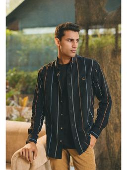 neopalms - Men Collar Neck Stripes Black Pure Cotton Casual Shirt