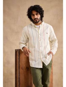 neopalms - Men Collar Neck Stripes White Pure Cotton Casual Shirt