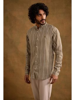 neopalms - Men Mandarin Neck Stripes Multi-Color Linen Blend Casual Shirt