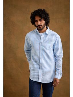 neopalms - Men Collar Neck Checks Blue Linen Blend Casual Shirt