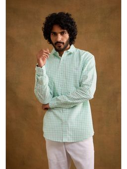 neopalms - Men Collar Neck Checks Green Linen Blend Casual Shirt