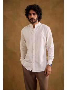 neopalms - Men Mandarin Neck Stripes Multi-Color Linen Blend Casual Shirt