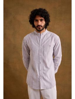 neopalms - Men Mandarin Neck Stripes Multi-Color Linen Blend Casual Shirt