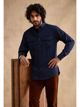 neopalms - Men Collar Neck Solid Navy Blue Other Casual Shirt