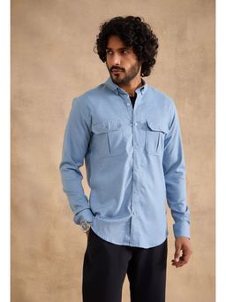 neopalms - Men Collar Neck Solid Blue Other Casual Shirt