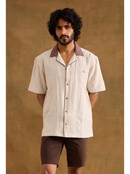 neopalms - Men Notched Lapel Solid Beige Pure Cotton Casual Shirt