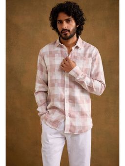 neopalms - Men Collar Neck Checks Pink Linen Casual Shirt