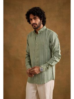 neopalms - Men Collar Neck Stripes Green Linen Casual Shirt