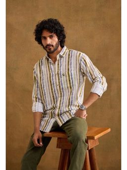 neopalms - Men Collar Neck Stripes Multi-Color Linen Casual Shirt