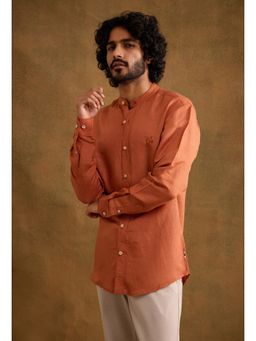 neopalms - Men Mandarin Neck Solid Orange Linen Blend Casual Shirt