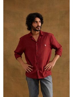 neopalms - Men Collar Neck Solid Red Linen Blend Casual Shirt