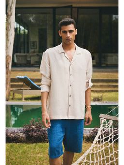 neopalms - Men Notched Lapel Solid Beige Linen Blend Casual Shirt